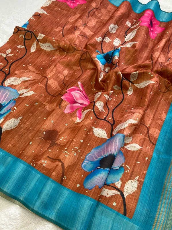 Yukti_Coffee_Brown_–_Aesthetic_Edit_for_You_|_Soft_Tussar_Silk_Saree_with_Print,_Border_&_Contrast_Print_Blouse_with_Tassels