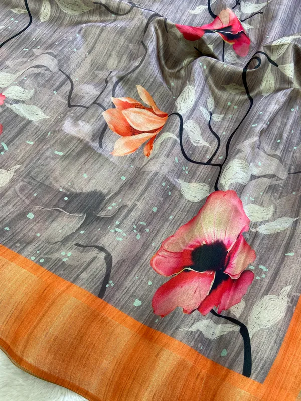 Yukti_Grey_–_Aesthetic_Edit_for_You_|_Soft_Tussar_Silk_Saree_with_Print,_Border_&_Contrast_Print_Blouse_with_Tassels
