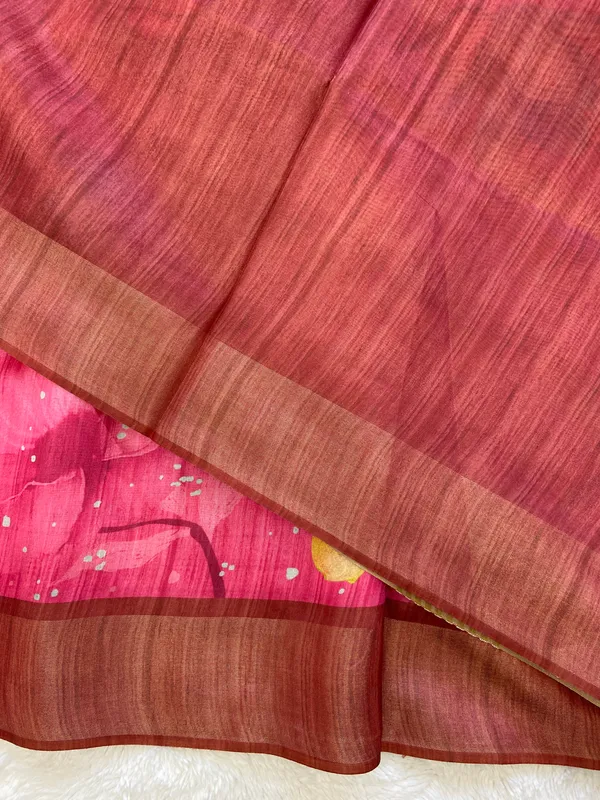 Yukti_Pink_–_Navratri_Special_|_Soft_Tussar_Silk_Saree_with_Print,_Border_&_Contrast_Print_Blouse_with_Tassels