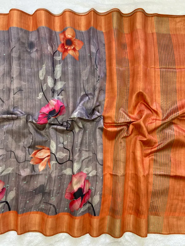 Yukti_Grey_–_Aesthetic_Edit_for_You_|_Soft_Tussar_Silk_Saree_with_Print,_Border_&_Contrast_Print_Blouse_with_Tassels