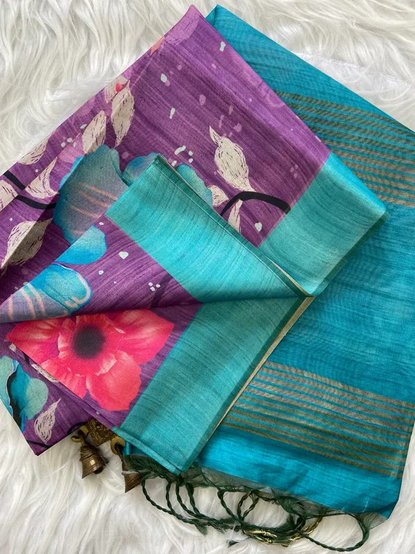 Yukti_Purple_–_Navratri_Special_|_Soft_Tussar_Silk_Saree_with_Print,_Border_&_Contrast_Print_Blouse_with_Tassels