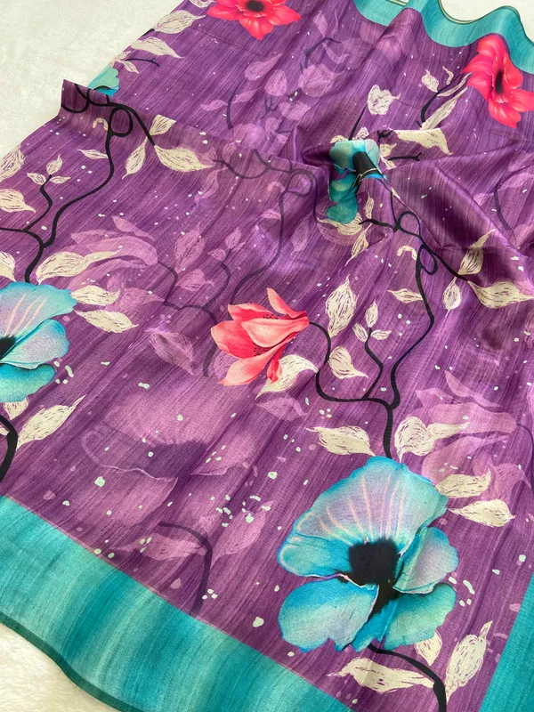 Yukti_Purple_–_Navratri_Special_|_Soft_Tussar_Silk_Saree_with_Print,_Border_&_Contrast_Print_Blouse_with_Tassels