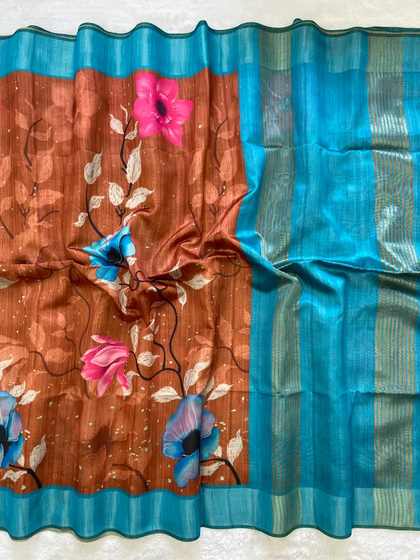 Yukti_Coffee_Brown_–_Aesthetic_Edit_for_You_|_Soft_Tussar_Silk_Saree_with_Print,_Border_&_Contrast_Print_Blouse_with_Tassels