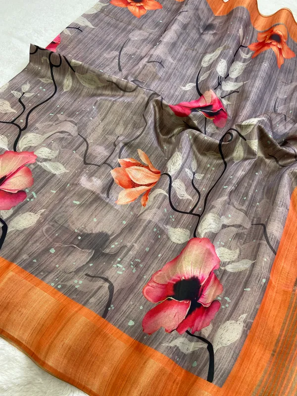 Yukti_Grey_–_Aesthetic_Edit_for_You_|_Soft_Tussar_Silk_Saree_with_Print,_Border_&_Contrast_Print_Blouse_with_Tassels