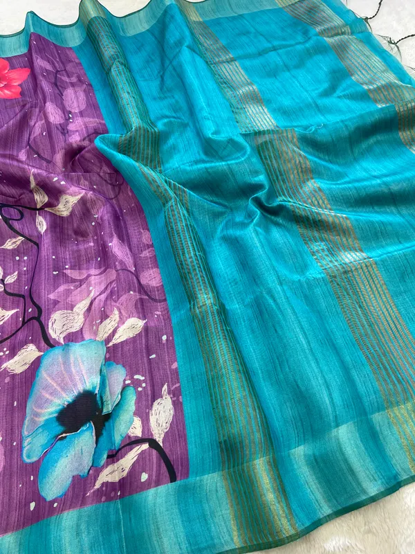 Yukti_Purple_–_Navratri_Special_|_Soft_Tussar_Silk_Saree_with_Print,_Border_&_Contrast_Print_Blouse_with_Tassels