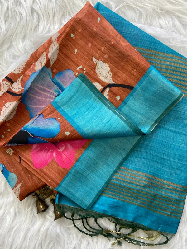 Yukti_Coffee_Brown_–_Aesthetic_Edit_for_You_|_Soft_Tussar_Silk_Saree_with_Print,_Border_&_Contrast_Print_Blouse_with_Tassels