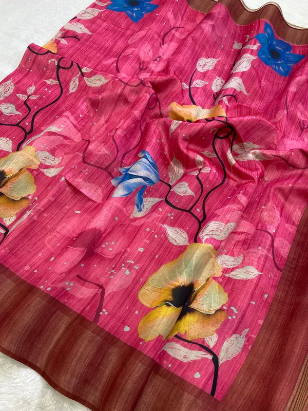 Yukti_Pink_–_Navratri_Special_|_Soft_Tussar_Silk_Saree_with_Print,_Border_&_Contrast_Print_Blouse_with_Tassels