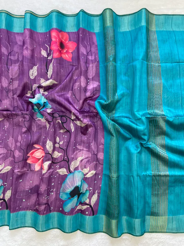 Yukti_Purple_–_Navratri_Special_|_Soft_Tussar_Silk_Saree_with_Print,_Border_&_Contrast_Print_Blouse_with_Tassels