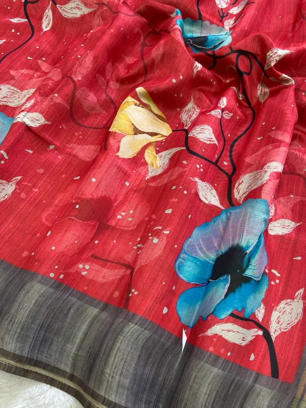 Yukti_Red_–_Diwali_Special_|_Soft_Tussar_Silk_Saree_with_Print,_Border_&_Contrast_Print_Blouse_with_Tassels