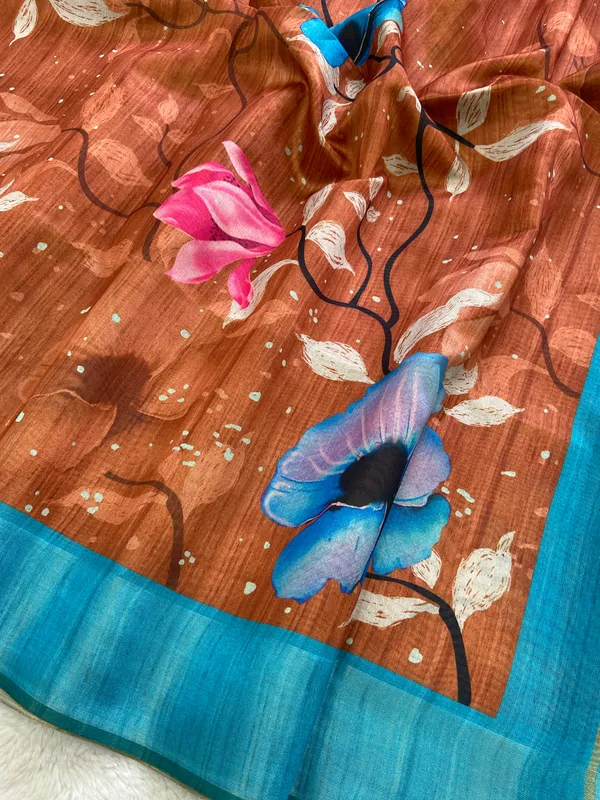 Yukti_Coffee_Brown_–_Aesthetic_Edit_for_You_|_Soft_Tussar_Silk_Saree_with_Print,_Border_&_Contrast_Print_Blouse_with_Tassels