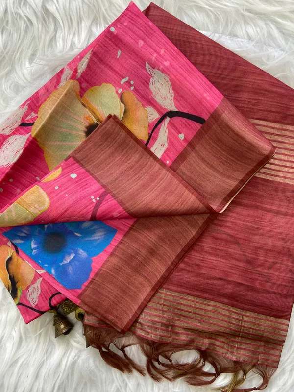 Yukti_Pink_–_Navratri_Special_|_Soft_Tussar_Silk_Saree_with_Print,_Border_&_Contrast_Print_Blouse_with_Tassels