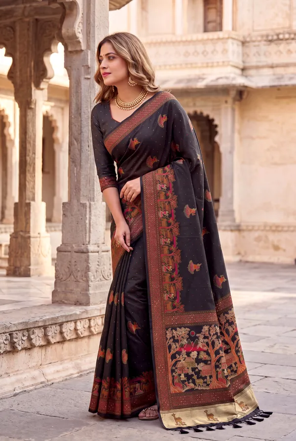 Melody_Black_–_Melodic_Aesthetic_Edit_for_You_|_Soft_Pashmina_Silk_Saree_with_Woven_Zari_Work,_Pashmina_Design_Saree_&_Running_Blouse_with_Tassels