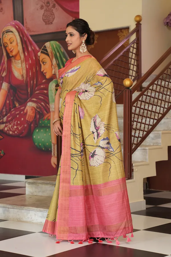 Purna_Yellow_–_Complete_Aesthetic_Edit_for_You_|_Soft_Tussar_Silk_Saree_with_Digital_Print,_Checks_Design_Saree_&_Digital_Print_Blouse_with_Tassels
