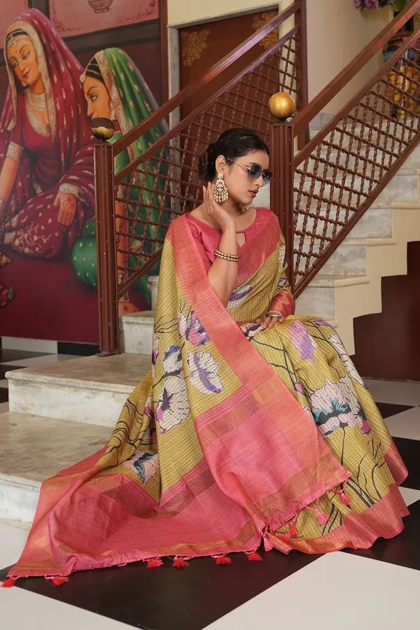 Purna_Yellow_–_Complete_Aesthetic_Edit_for_You_|_Soft_Tussar_Silk_Saree_with_Digital_Print,_Checks_Design_Saree_&_Digital_Print_Blouse_with_Tassels
