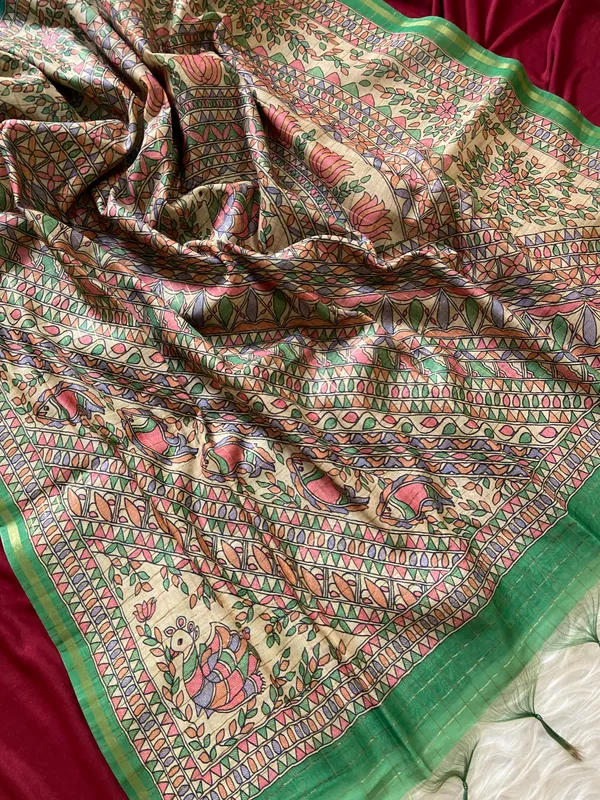 Soft_Semi_Tussar_Silk_sarees_with_Beautiful_Digital_Print_With_Attractive_Border_And_Contrast_Print_Blouse_With_Tassels