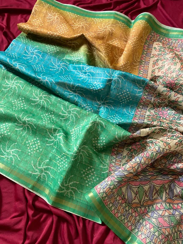 Soft_Semi_Tussar_Silk_sarees_with_Beautiful_Digital_Print_With_Attractive_Border_And_Contrast_Print_Blouse_With_Tassels