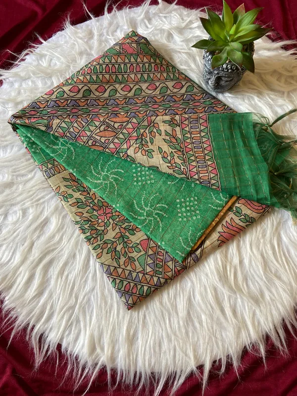 Soft_Semi_Tussar_Silk_sarees_with_Beautiful_Digital_Print_With_Attractive_Border_And_Contrast_Print_Blouse_With_Tassels