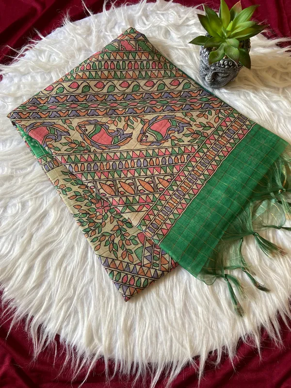 Soft_Semi_Tussar_Silk_sarees_with_Beautiful_Digital_Print_With_Attractive_Border_And_Contrast_Print_Blouse_With_Tassels