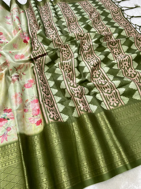Pahal_Green_–_Aesthetic_Edit_for_You_|_Soft_Kota_Saree_with_Print,_Pallu_&_Contrast_Print_Blouse_with_Tassels