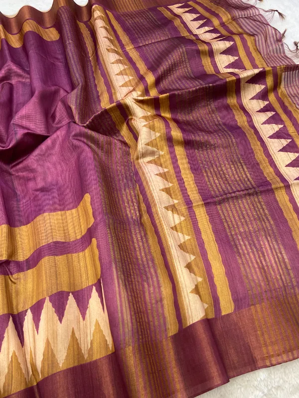 Libni_Wine_–_Diwali_Special_|_Soft_Tussar_Silk_Saree_with_Print,_Border_&_Contrast_Print_Blouse_with_Tassels