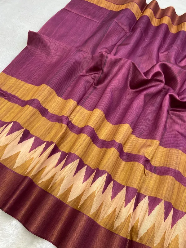 Libni_Wine_–_Diwali_Special_|_Soft_Tussar_Silk_Saree_with_Print,_Border_&_Contrast_Print_Blouse_with_Tassels