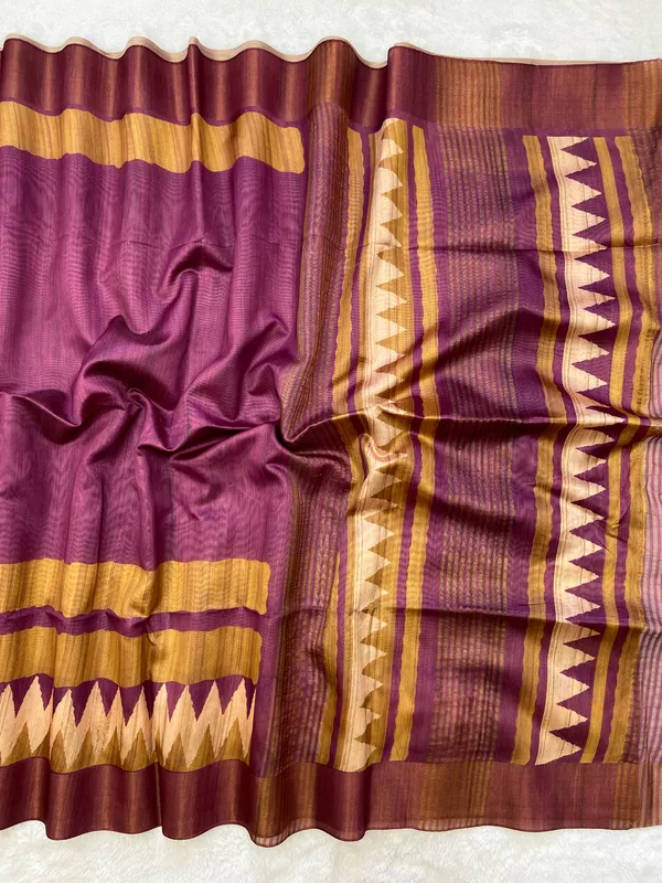 Libni_Wine_–_Diwali_Special_|_Soft_Tussar_Silk_Saree_with_Print,_Border_&_Contrast_Print_Blouse_with_Tassels