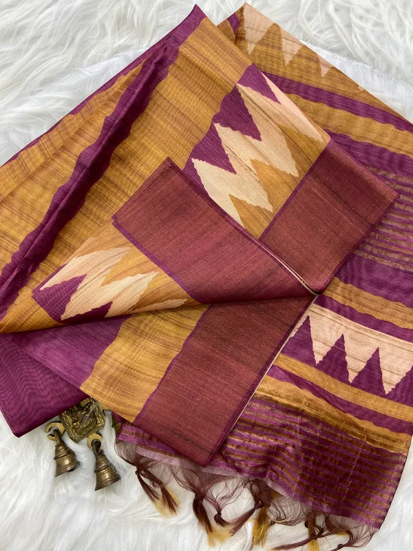 Libni_Wine_–_Diwali_Special_|_Soft_Tussar_Silk_Saree_with_Print,_Border_&_Contrast_Print_Blouse_with_Tassels