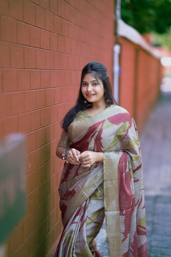 Soft_Tussar_Silk_sarees_with_Beautiful_Digital_Print_With_Attractive_Checks_Design_Saree_And_Digital_Print_Blouse_With_Tassels