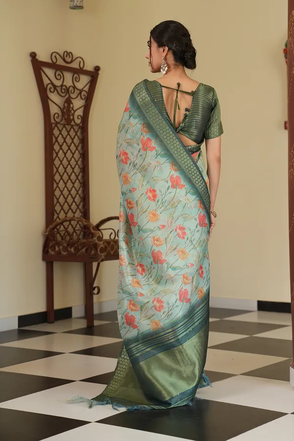 Mini_Rama_Green_–_Diwali_Special_|_Soft_Tissue_Silk_Saree_with_Digital_Print,_Border_&_Rich_Pallu,_Sequence_&_Contrast_Print_Blouse_with_Tassels