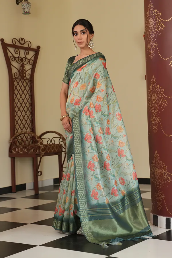 Mini_Rama_Green_–_Diwali_Special_|_Soft_Tissue_Silk_Saree_with_Digital_Print,_Border_&_Rich_Pallu,_Sequence_&_Contrast_Print_Blouse_with_Tassels