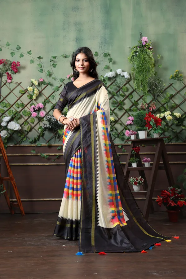 Soft_Tussar_Silk_sarees_with_Beautiful_Digital_Print_With_Attractive_Border_And_Contrast_Print_Blouse_With_Tassels