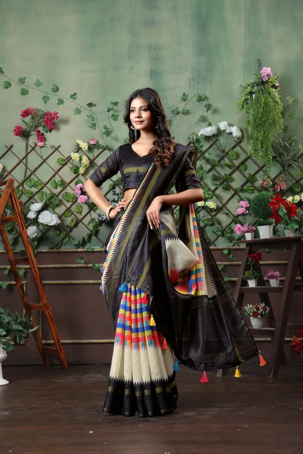 Soft_Tussar_Silk_sarees_with_Beautiful_Digital_Print_With_Attractive_Border_And_Contrast_Print_Blouse_With_Tassels