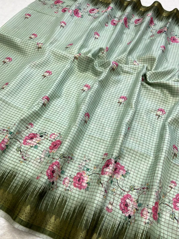 Shivani_Green_–_Checks_Design_Aesthetic_Edit_for_You_|_Soft_Tussar_Silk_Saree_with_Digital_Print,_Checks_Design_Saree_&_Digital_Print_Blouse