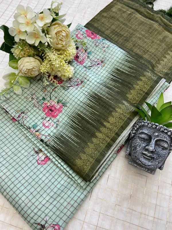 Shivani_Green_–_Checks_Design_Aesthetic_Edit_for_You_|_Soft_Tussar_Silk_Saree_with_Digital_Print,_Checks_Design_Saree_&_Digital_Print_Blouse