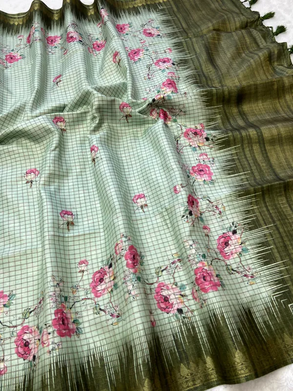 Shivani_Green_–_Checks_Design_Aesthetic_Edit_for_You_|_Soft_Tussar_Silk_Saree_with_Digital_Print,_Checks_Design_Saree_&_Digital_Print_Blouse