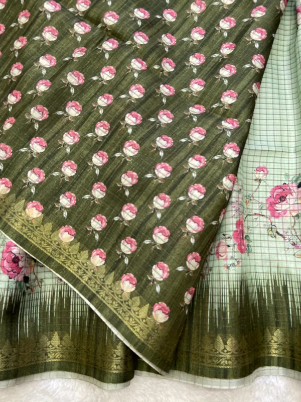 Shivani_Green_–_Checks_Design_Aesthetic_Edit_for_You_|_Soft_Tussar_Silk_Saree_with_Digital_Print,_Checks_Design_Saree_&_Digital_Print_Blouse