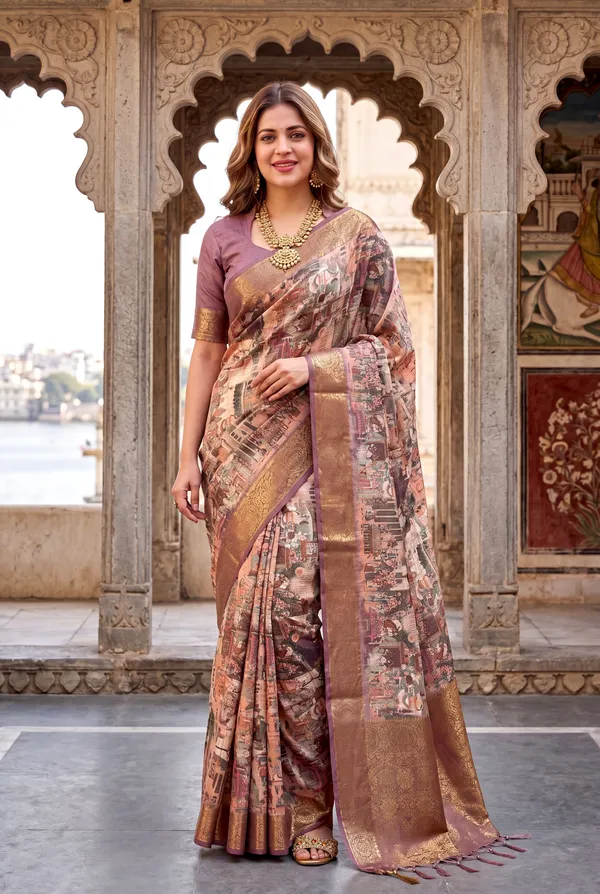 Mugal_Wine_–_Mughal_Inspired_Diwali_Special_|_Soft_Tussar_Silk_Weaving_Saree_with_Print,_Weaving_Border_&_Rich_Zari_Weaving_Pallu