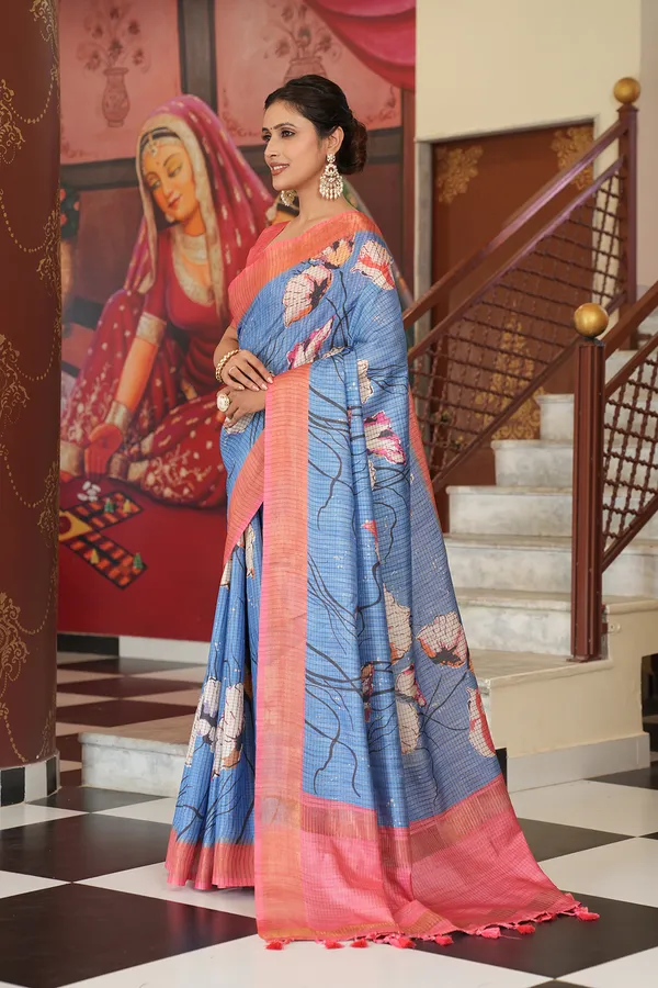 Purna_Blue_–_Complete_Aesthetic_Edit_for_You_|_Soft_Tussar_Silk_Saree_with_Digital_Print,_Checks_Design_Saree_&_Digital_Print_Blouse_with_Tassels