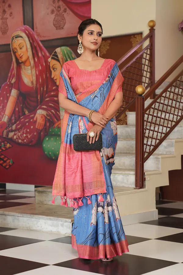 Purna_Blue_–_Complete_Aesthetic_Edit_for_You_|_Soft_Tussar_Silk_Saree_with_Digital_Print,_Checks_Design_Saree_&_Digital_Print_Blouse_with_Tassels