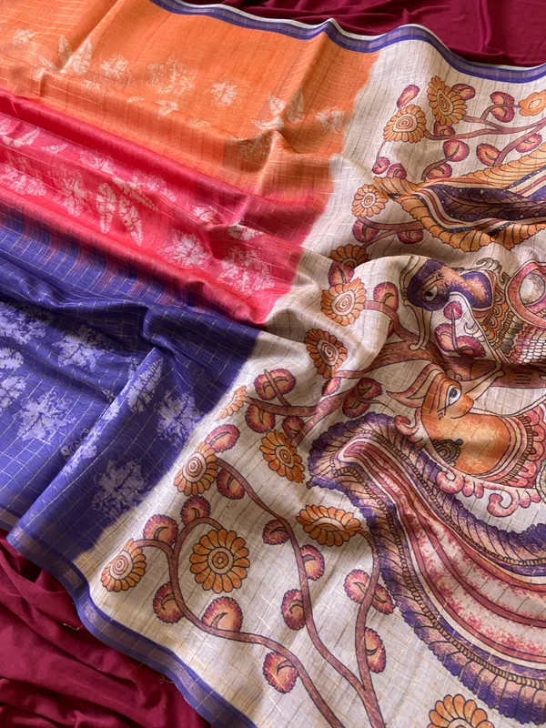 Soft_Semi_Tussar_Silk_sarees_with_Beautiful_Digital_Print_With_Attractive_Border_And_Contrast_Print_Blouse_With_Tassels
