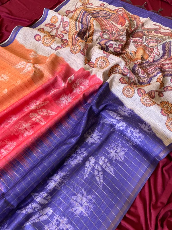 Soft_Semi_Tussar_Silk_sarees_with_Beautiful_Digital_Print_With_Attractive_Border_And_Contrast_Print_Blouse_With_Tassels