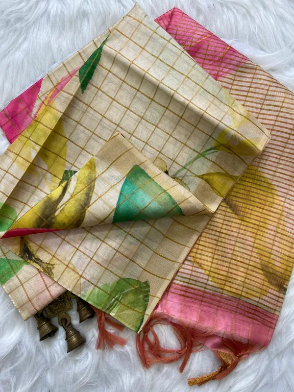 Garima_Cream_–_Dignified_Aesthetic_Edit_for_You_|_Soft_Tussar_Silk_Saree_with_Print,_Border_&_Contrast_Print_Blouse_with_Tassels