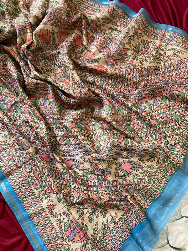 Soft_Semi_Tussar_Silk_sarees_with_Beautiful_Digital_Print_With_Attractive_Border_And_Contrast_Print_Blouse_With_Tassels