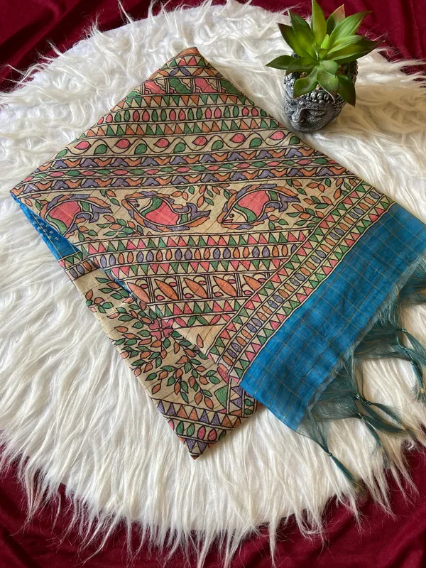 Soft_Semi_Tussar_Silk_sarees_with_Beautiful_Digital_Print_With_Attractive_Border_And_Contrast_Print_Blouse_With_Tassels