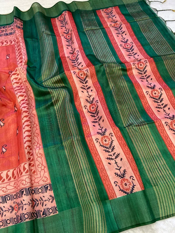Soft_Tussar_Silk_sarees_with_Beautiful_Print_With_Attractive_Border_And_Contrast_Print_Blouse_With_Tassels