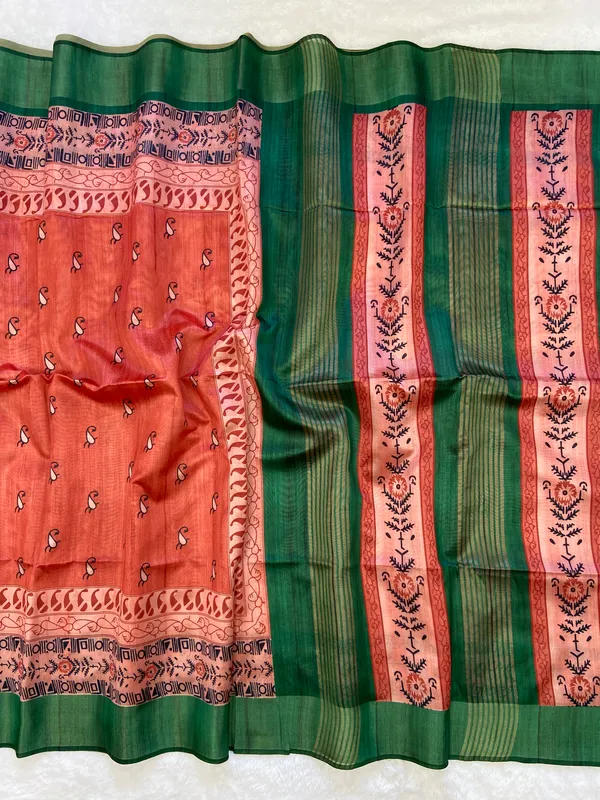 Soft_Tussar_Silk_sarees_with_Beautiful_Print_With_Attractive_Border_And_Contrast_Print_Blouse_With_Tassels