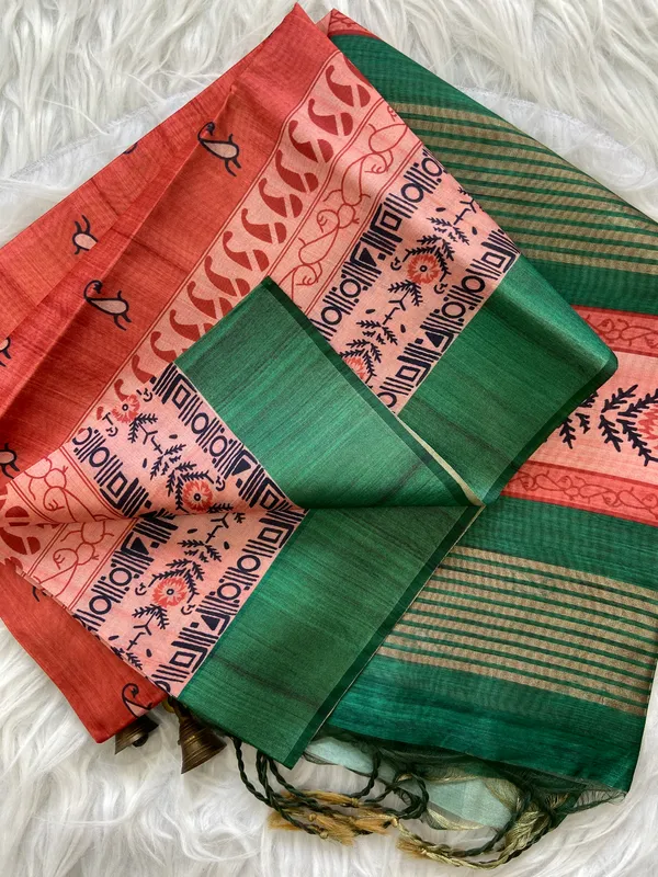 Soft_Tussar_Silk_sarees_with_Beautiful_Print_With_Attractive_Border_And_Contrast_Print_Blouse_With_Tassels