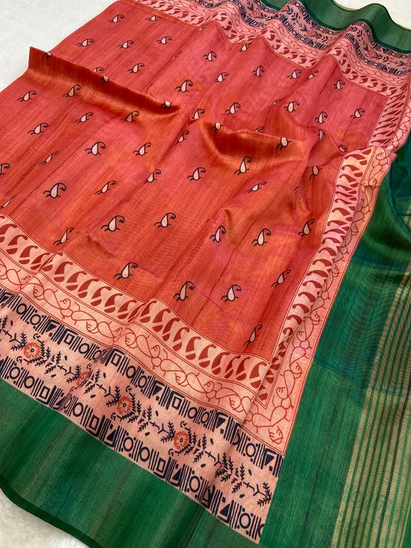 Soft_Tussar_Silk_sarees_with_Beautiful_Print_With_Attractive_Border_And_Contrast_Print_Blouse_With_Tassels