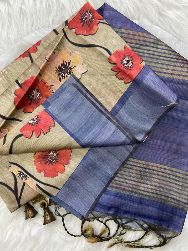Arunima_Blue_–_Dawn_Blush_Navratri_Special_|_Soft_Tussar_Silk_Saree_with_Print,_Border_&_Contrast_Print_Blouse_with_Tassels