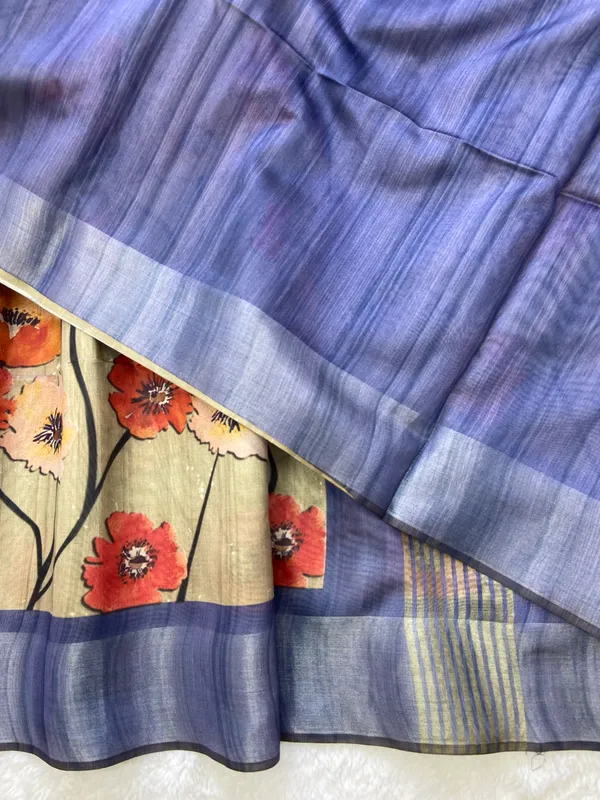 Arunima_Blue_–_Dawn_Blush_Navratri_Special_|_Soft_Tussar_Silk_Saree_with_Print,_Border_&_Contrast_Print_Blouse_with_Tassels